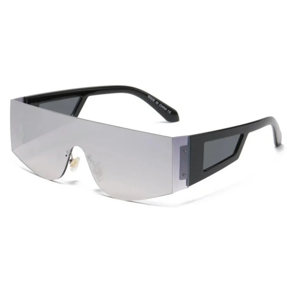 Mens Futuristic Shield Sunglasses Black Silver Mirror Wrap‎ Around Cyber Shades
